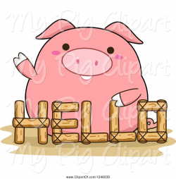 Swine Clipart of Cartoon Pink Pig Waving Behind a Hello ...