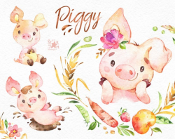 Piggy. Watercolor farm clipart, country, piglet, little pig, pink,  vegetable, fruits, wreath, cute, household, animals, stickers, kids, fun