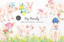 Watercolor pig family clipart for instant download – Corner ...