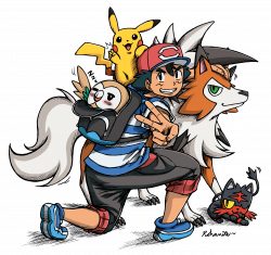 litten, lycanroc, pikachu, rowlet, and satoshi (pokemon, pokemon ...