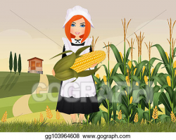Drawing - Pilgrim woman prepares the harvest for ...