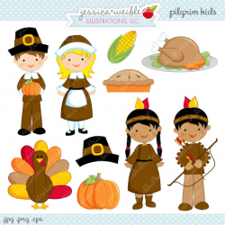Pilgrim Kids Cute Digital Clipart - Commercial Use OK - Pilgrim Cilpart,  Pilgrim Graphics, Thanksgiving Clipart