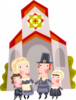 Pilgrim Family Attends Church Service - Vector Image