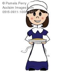 Clip Art Illustration of a Pilgrim Girl Holding a Pie