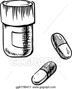 Vector Clipart - Bottle sketch with pills and capsules ...