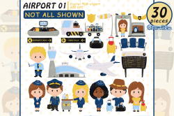 Airport clipart, Cute Pilot and Stewardess clip art set