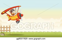 Vector Art - Airplane flying over green grass landscape ...