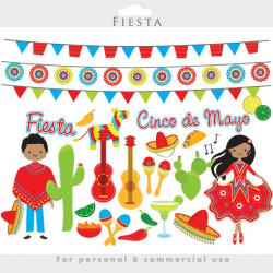 Fiesta clipart - Mexican fiesta cinco de mayo flags, dancing, pinata,  guitars, cactus, cacti, garland, party for personal and commercial use