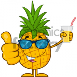 Pineapple Fruit With Green Leafs And Sunglasses Cartoon Mascot Character  Holding Up A Glass Of Juice And Giving A Thumb Up clipart. Royalty-free ...