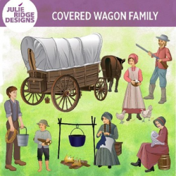 Covered Wagon Pioneer Family Clip Art Illustrations
