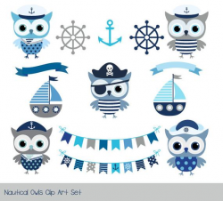 Cute nautical clipart owl, Sailor owl pirate clipart Boy nautical clip art  Grey blue nautical bunting clipart Nautical baby shower clip art
