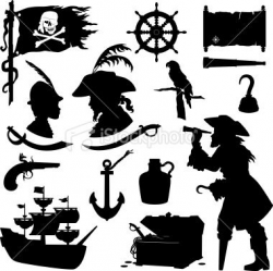 Pirate Silhouettes including ship, treasure chest, parrot ...