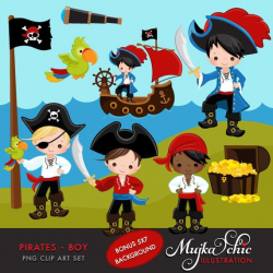 Pirate clipart. Pirates, Ships and Treasure Island Clipart. Captain,  treasure chest, island, pirate ship, flag, sailors, pirate kids, parrot