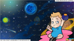 A Male Toddler Raising Up A Ball and Planets In Outer Space Background