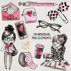 Planner Girl Clipart, Hand Painted Watercolor Clip Art ...