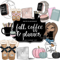 Planner Clipart, Fall Coffee And Planners Clipart, Coffee Girl, Fall Boots,  Hello Fall, Pumpkins, Laptop, Washi, Watch, Pens, 29 PNG Files