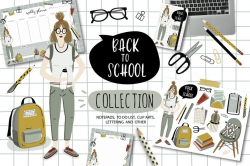 Back to school clip art, weekly planner, schedule, sticker, school,  planner, notepad, digital, lettering, backpack, school supplies, college
