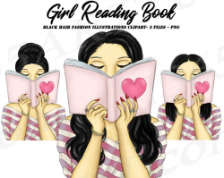 Reading Girl Clipart, Fashion Portrait, Personal, Pink, Black Hair,  Hairstyles, Diary, Book, Printable, Planner Dashboard, Illustrations