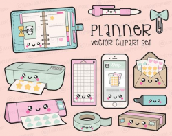 Premium Vector Clipart - Kawaii Planning Clipart - Kawaii Planner Clip Art  Set - High Quality Vectors - Planner Supplies Kawaii Clipart