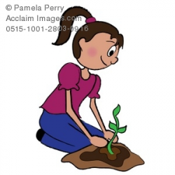 Clip Art Illustration of a Brunette Girl Planting a Seedling in a Garden