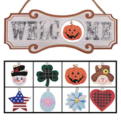YEASL Interchangeable Seasonal Welcome Sign - Front Door Decor Wall Hanging  Wood Plaque Whimsical Porch Decorations for Home (Welcome)
