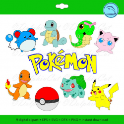 Digital Clipart Pokemon, Bulbasaur, Pikachu, pokeball, pokedex png, svg,  dxf, eps vector image, printable files, dragon silhouette scrapbook