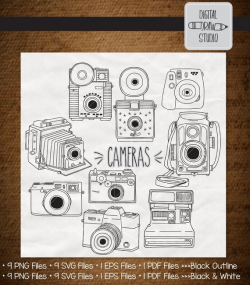 9 Vintage Cameras Clip art Bundle | Hand Drawn Polaroid ...