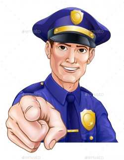 Happy friendly cartoon police officer policeman pointing ...
