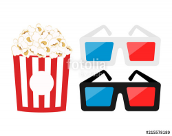 White and black 3d cinema glasses cartoon. Popcorn in red ...
