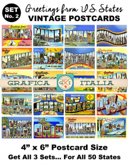 Vintage Travel Postcard Clipart - Set No. 2 - Retro U.S. State Post Card  Clip Art American States Print, Scrapbooking, Printable Wall Decor
