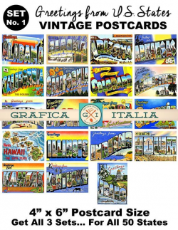 Vintage Travel Postcard Clipart Set No. 1, Retro U.S. State ...