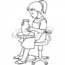 Black and white outline of a little girl doing pottery clipart.  Royalty-free clipart # 382861