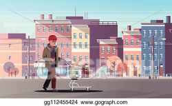 EPS Illustration - Poor man pushing trolley cart with ...