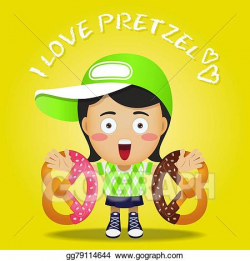 Vector Illustration - Happy woman carrying big pretzel. EPS ...