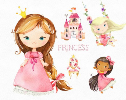 Princess Pink. Watercolor fairytale clipart, royal girl, lady, carriage,  swing, castle crown, throne, gold, valentines, nursery, baby-shower