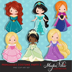 Princess Clipart - Princess Costumes with cute characters, royal graphics,  illustration, birthday invitation, party graphics, embroidery