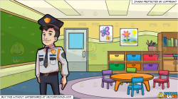 A Decent Looking Security Guard In Full Uniform and Inside A Kindergarten  Classroom Background