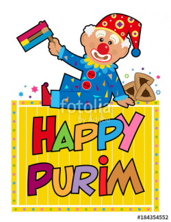 Happy Purim Clown - Purim clip-art of a clown sitting on top ...