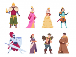Medieval characters. Flat historical people, king queen ...