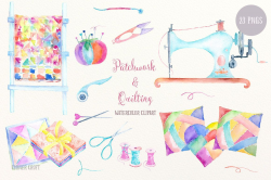 Watercolor Clip Art Patchwork and Quilting, sewing machine ...