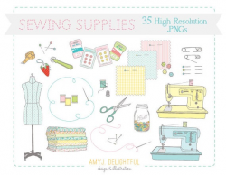 SEWING Supplies CLIP ART set for personal and commercial use quilting  supplies, dress form, fabric, buttons