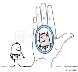 Big hand and cartoon businessman - reflection in the mirror ...