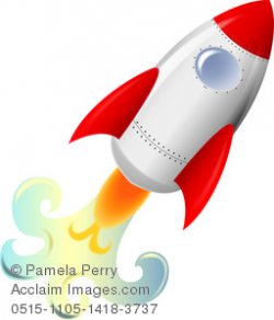 Clip Art Image of a Cute Rocketship Blasting Off