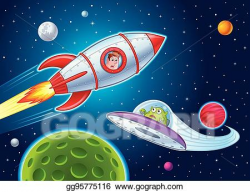 Vector Illustration - Kid in rocketship sees alien. Stock ...