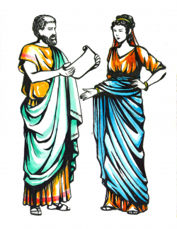 This is a traditional toga outfit that a women and man would ...