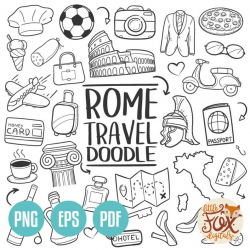 EPS VECTOR ROME Italy Travel Friends and Family Trip Holidays Summer Doodle  Icons Clipart Scrapbook Set Coloring Hand Drawn Line Art Sketch