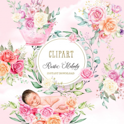 Baby Clipart, Newborn Clipart, Rose Nest Clipart, Floral clipart, Roses  Clipart, Cute baby Clipart, watercolor clipart