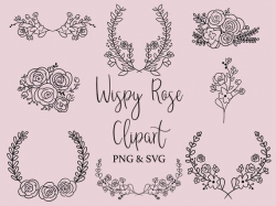 WISPY ROSE CLIPART, hand-drawn wreaths, doodle clipart, floral wreaths,  rustic, drawn wreaths, png, svg, vector wreaths, wedding