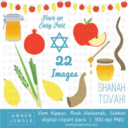 Rosh Hashanah Clipart- Yom Kippur Sukkot Clip Art- Instant Download Jewish  Holiday Judaism Scrapbook Kit Printable Stickers Card Decorations