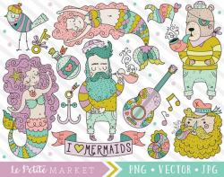 Cute Hipster Clipart, Mermaid Clip Art Images, Cute Sailor Clipart Set,  Nautical Mermaid Designs, Pirate Graphics For Commercial Use Captain